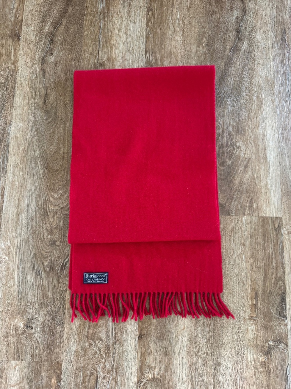Vintage Burberry England Lambswool Burberrys Red Fringed Scarf Unisex